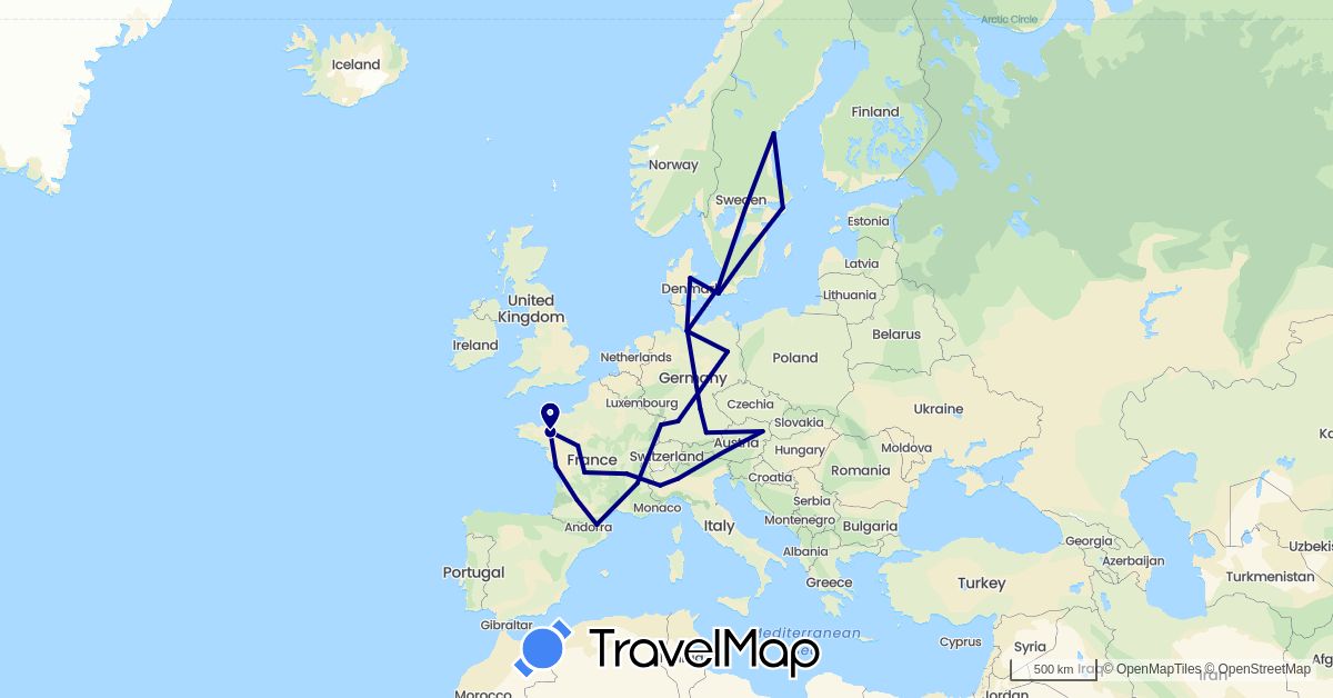 TravelMap itinerary: driving in Austria, Germany, Denmark, France, Italy, Sweden (Europe)